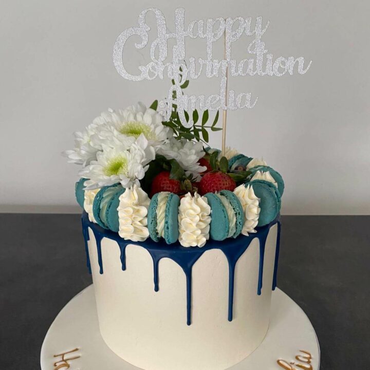 Confirmation cake in navy drip
