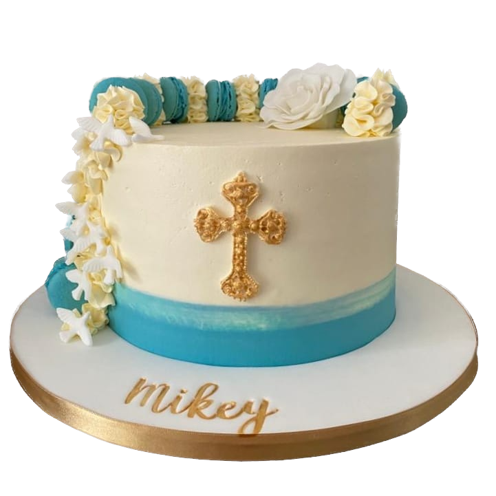 Communion Ckaes for Boys with blue macaroons and white rose