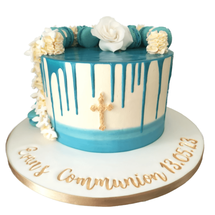 First Holy Communion Cake with Pastel Blue and White Rose