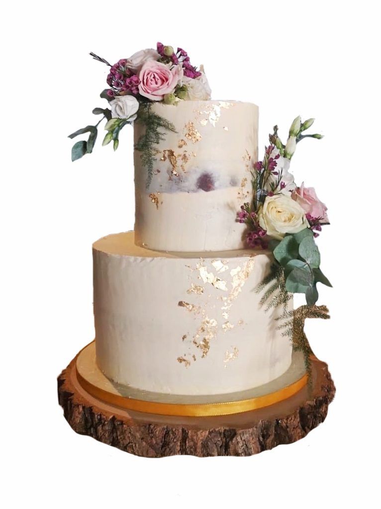 Semi Naked Wedding Cake With Gold Leaf And Roses