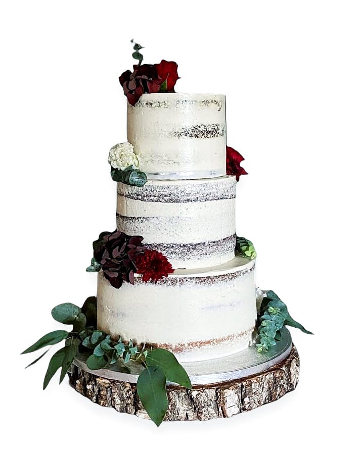 Beautiful Rustic Wedding Cake with Semi-Naked Finish, Eucalyptus, and Blossoms | Eve's Cakes, Dublin