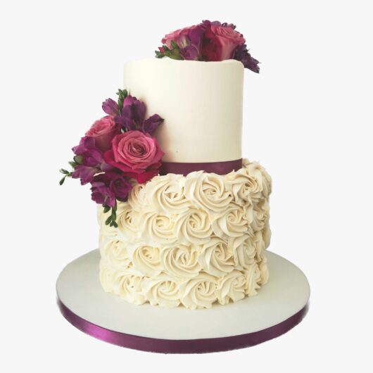 Traditional Purple Wedding Cake with Purple Flowers and Ribbon in Dublin Ireland