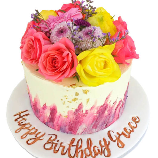cake with pink flowers stroke copy