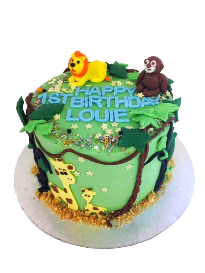 jungle style 1st birthday cake