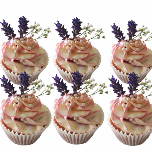 simple and elegant light pink cupcakes with lavender flower