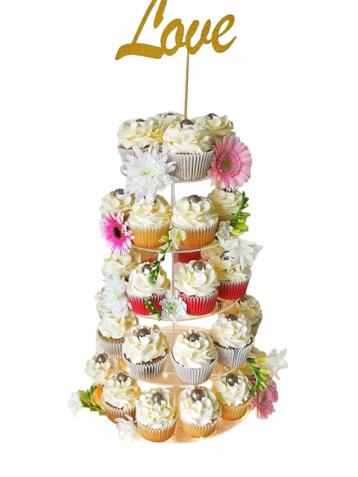 34 wedding cupcakes on stand
