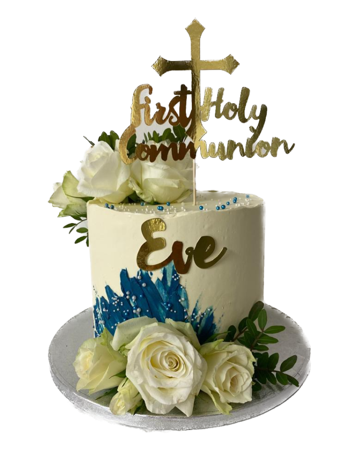 Communion Cake with topper and white roses