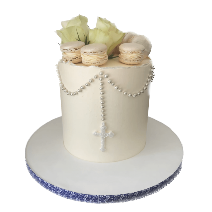 Communion Cakes with Silvery Rosary, Macaroons and Roses