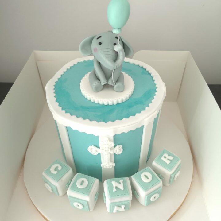 Elephant Christening Cake in Blue and Gray Colours