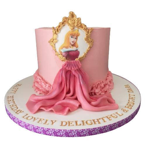 princess cake with pink frosting, princess photo and a fondant dress.