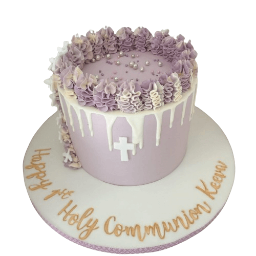 holy communion cake in light purple tones