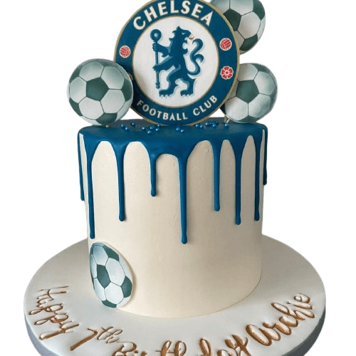 Chelsea Cake with Chelsea Logo and Blue Drip, and printed football decorations.