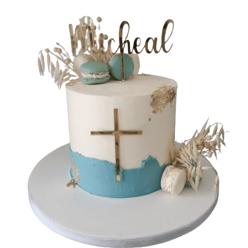 Cake for Confirmation In Blue and White with Acrycli Toppers